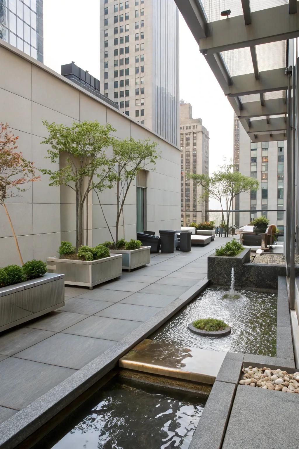 Contemporary water features with sharp lines suit urban living aesthetics.