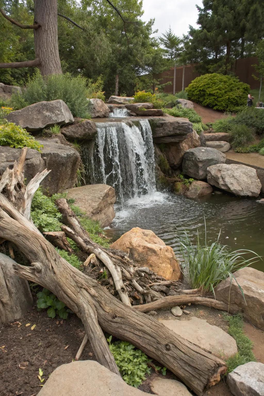 Using driftwood introduces an artistic feel to your water feature.