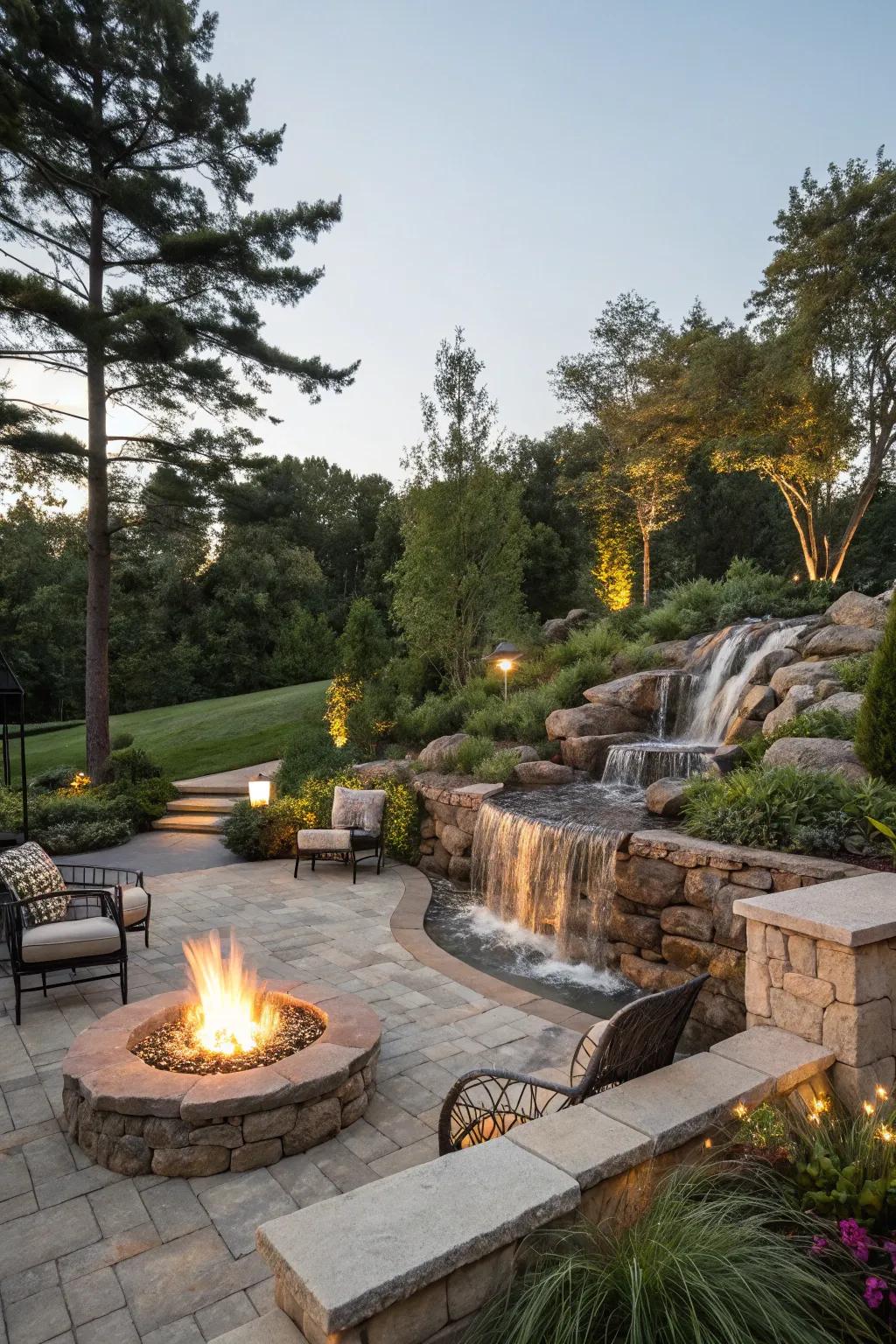 A flame and water feature delivers a fascinating garden centerpiece.