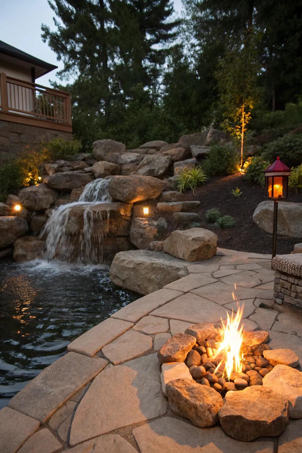 A stone waterfall with a fire space creates a warm and inviting feel.