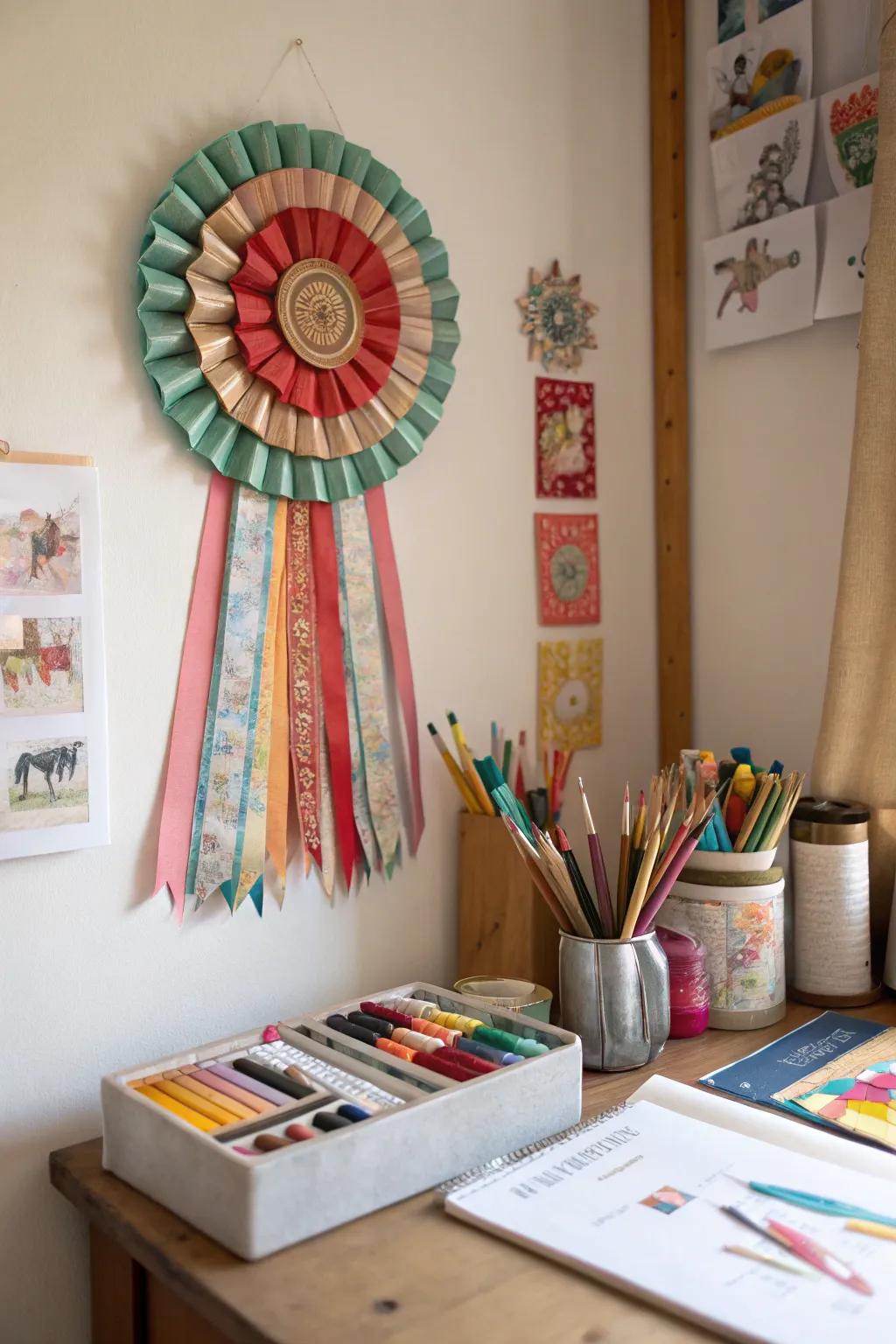 A bold divider rosette fashioned from ribbons, ideal for a creative area.