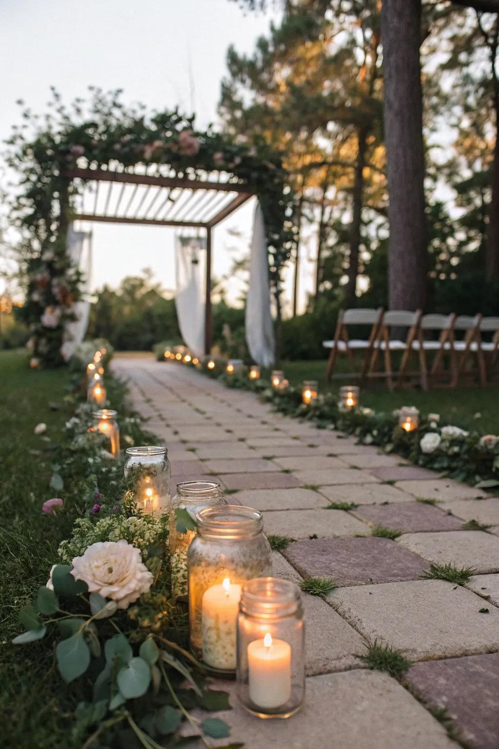 Rustic charm is evident with candles in mason jars.
