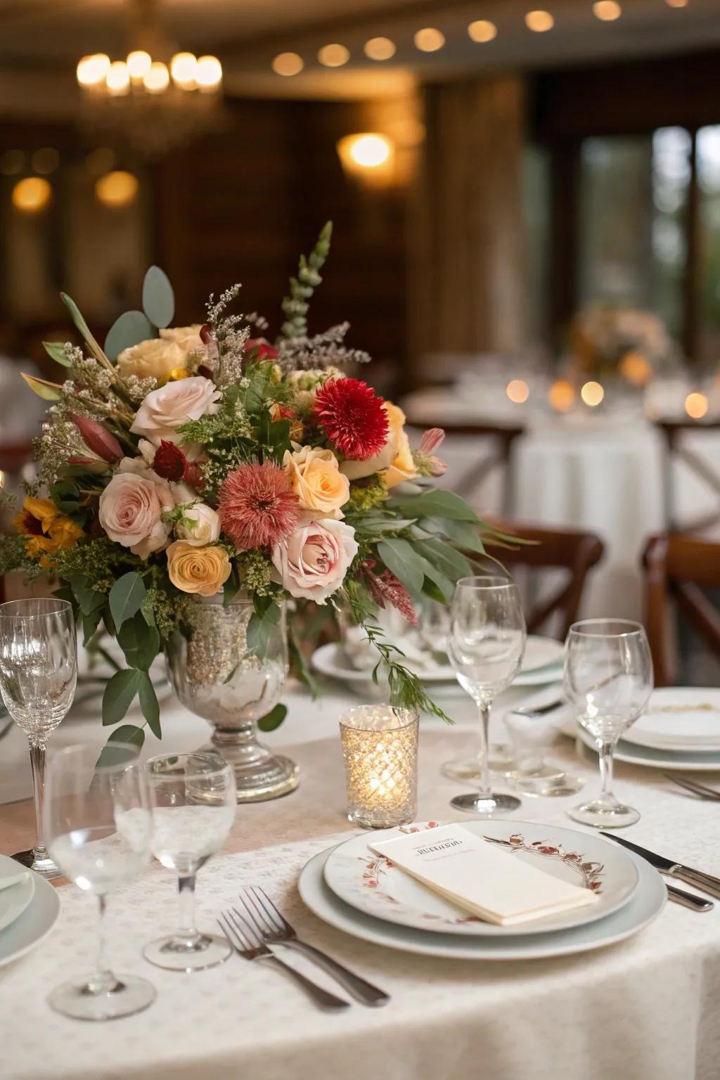 In-season blossoms establish a vibrant, economical centerpiece.