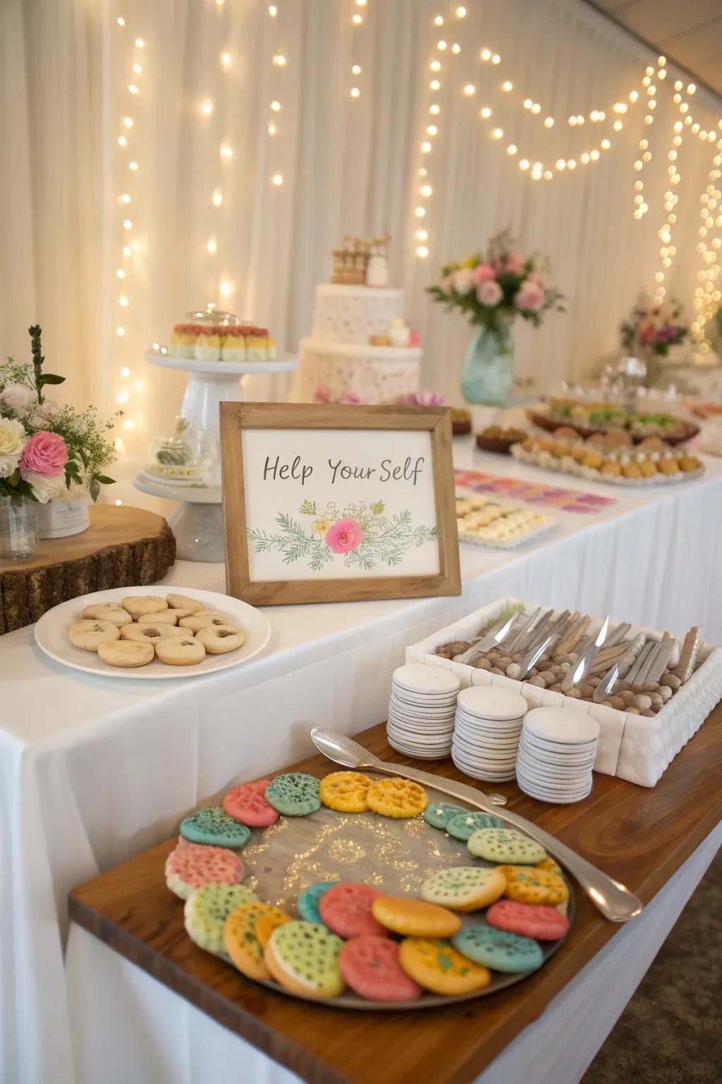 An active wedding cookie arrangement where guests can select their treats.