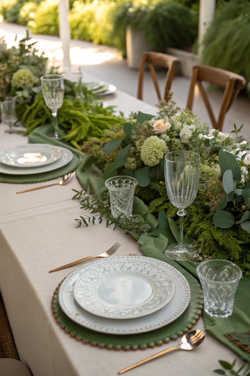 A fresh foliage decoration adorns the wedding table.