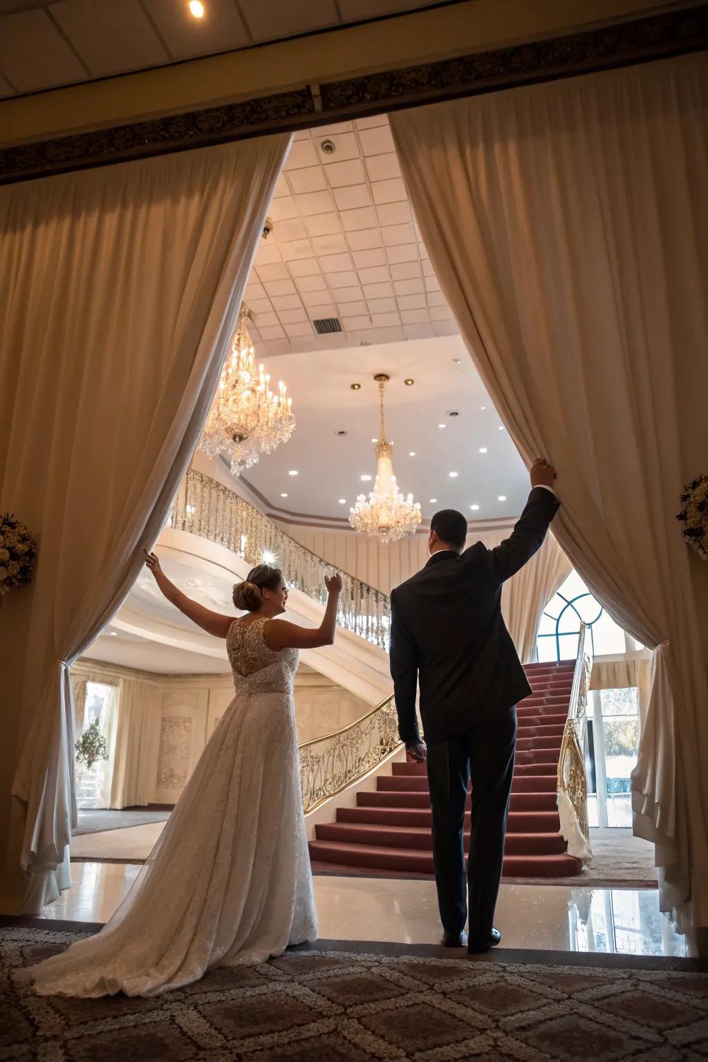 A grand curtain reveal adds drama to the couple's entrance.