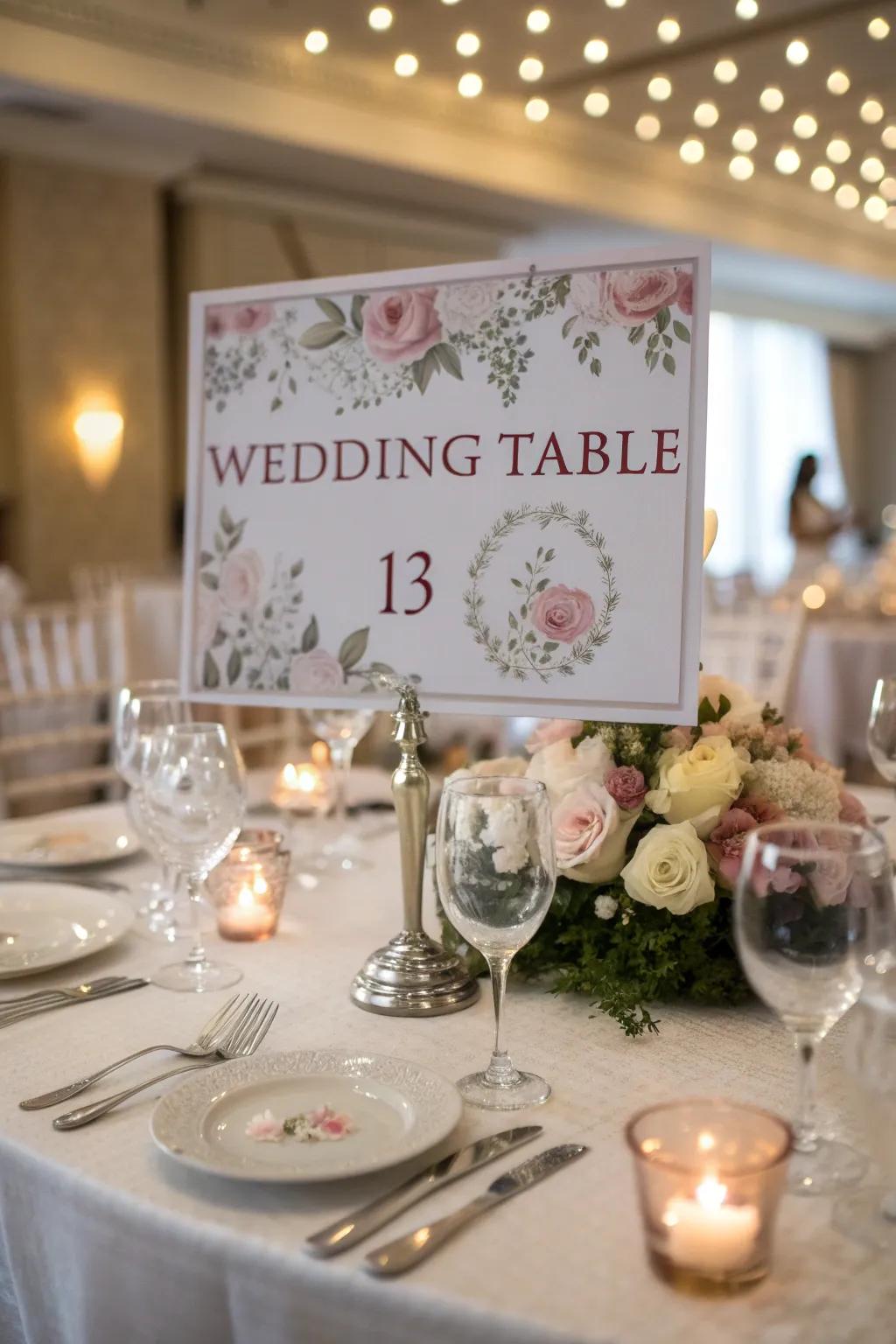 Motif table numbers enhance the overall wedding decoration.