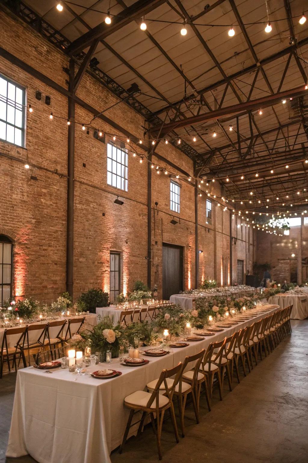 A chic industrial venue with exposed brick and high ceilings, perfect for modern weddings.