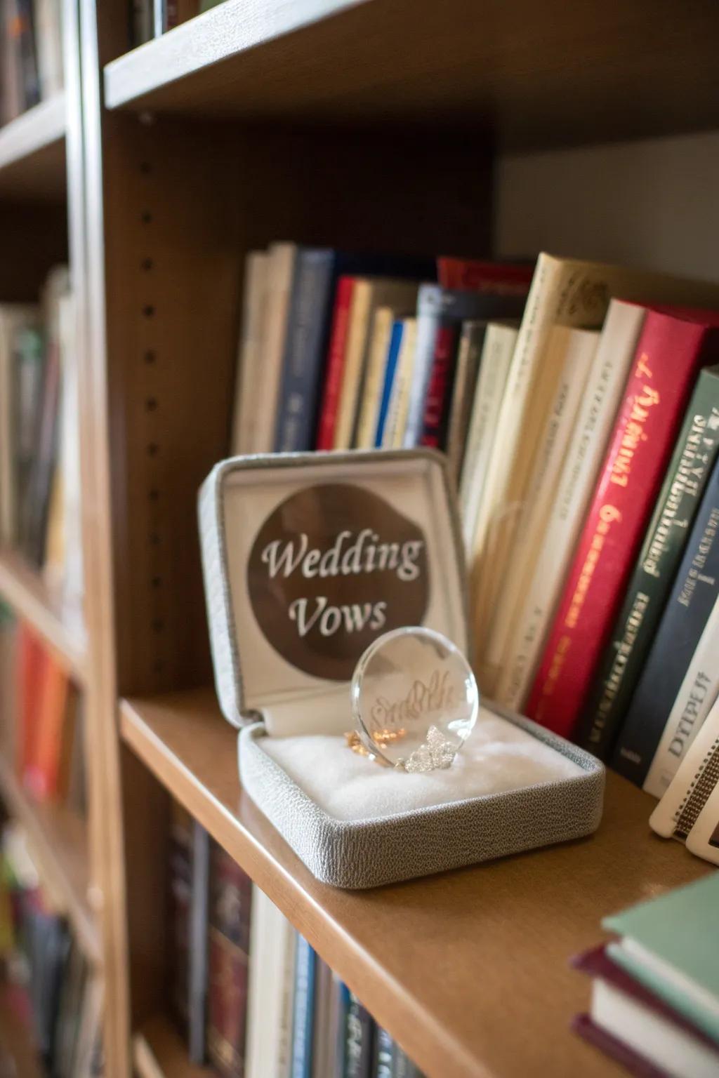 Timeless etched glass vows serving as a bookshelf focal point.