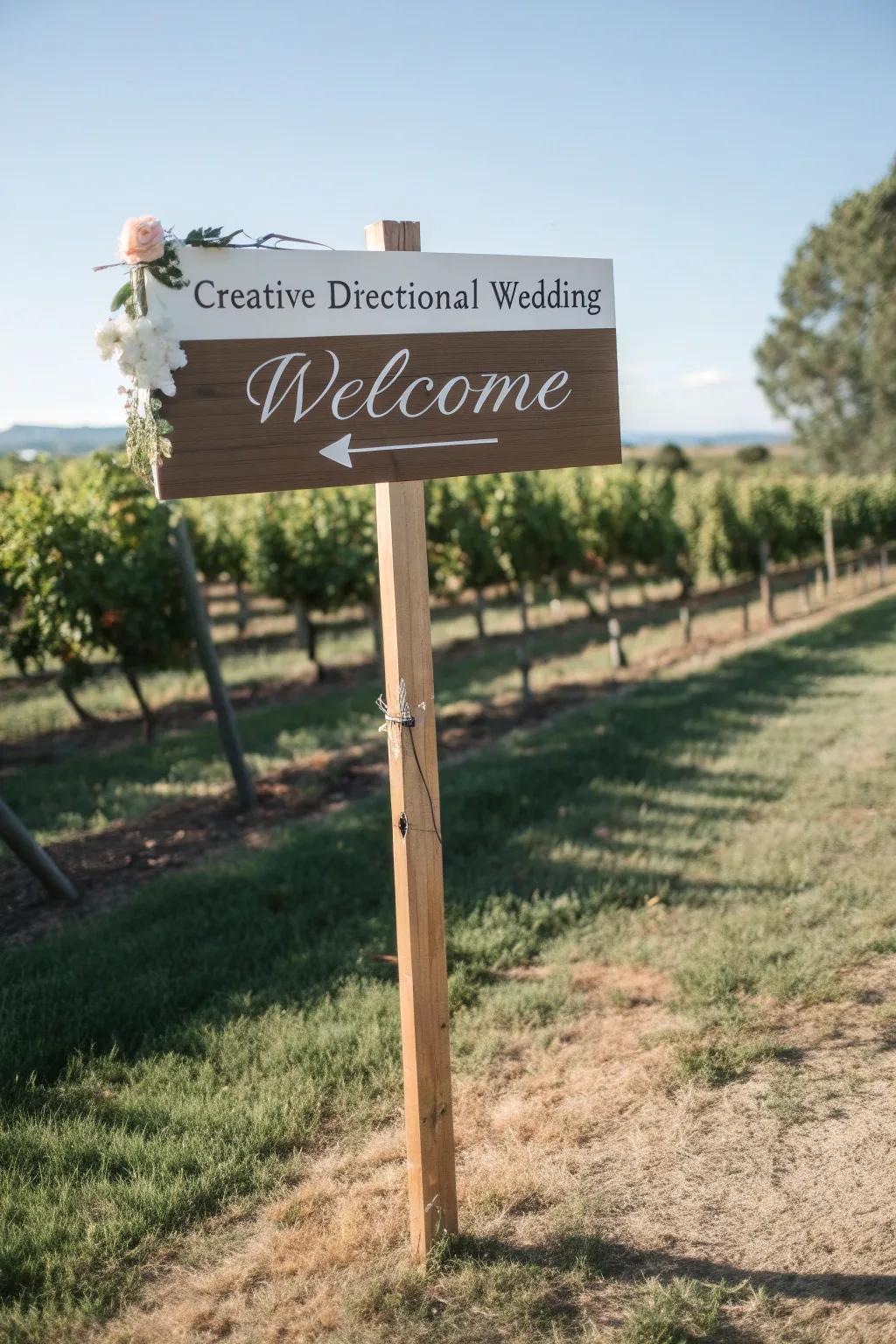 A creative directional welcome board, a perfect fit for guiding guests at a vineyard wedding.