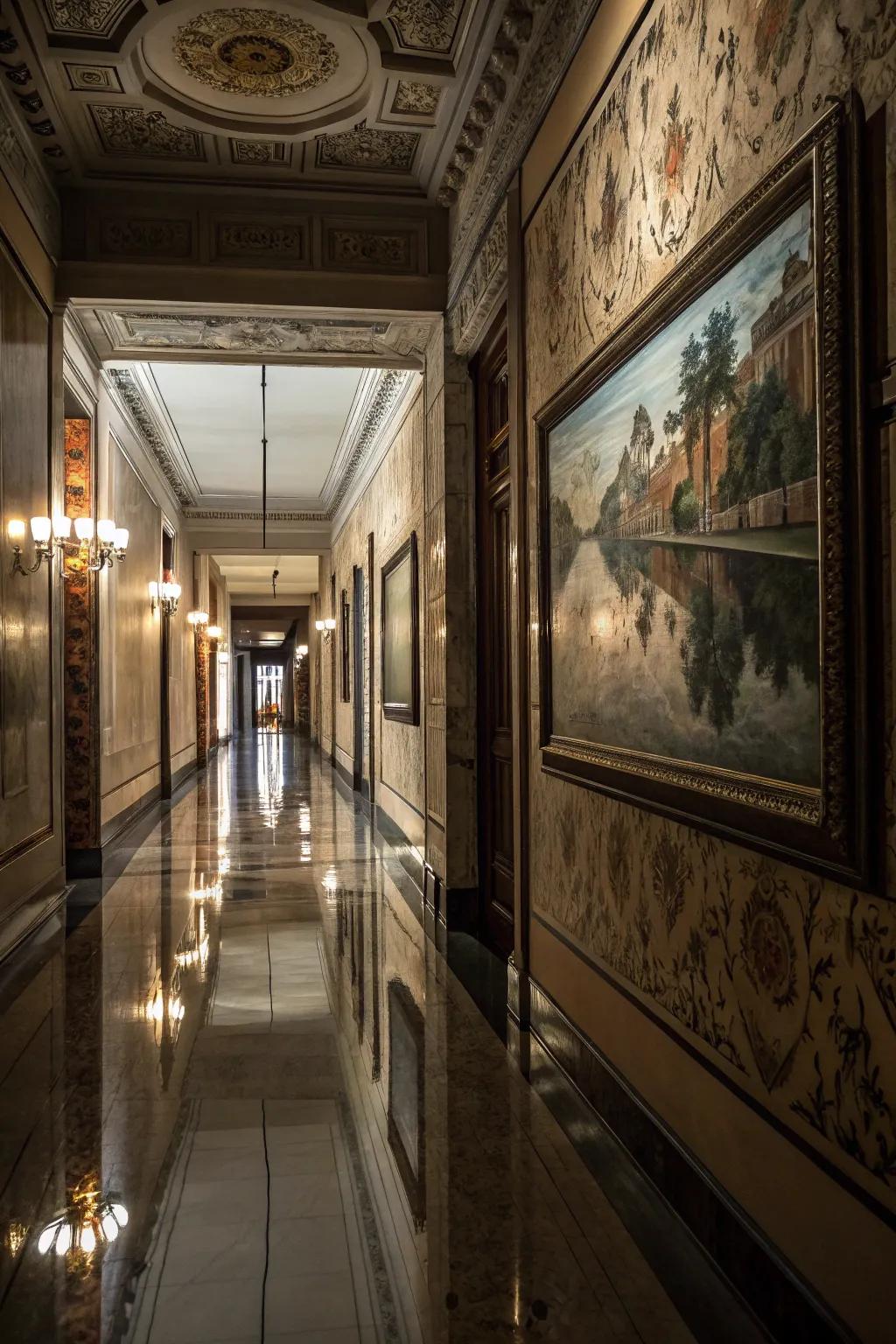 A painting of altered reflections adding intrigue to an elegant hallway.