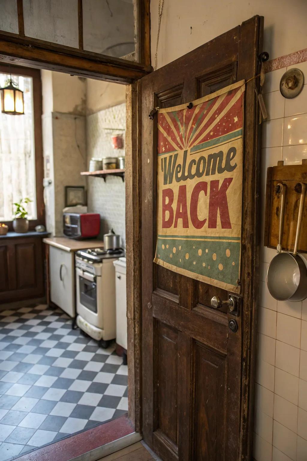 A vintage era-themed poster contributes charm to a vintage-inspired kitchen.