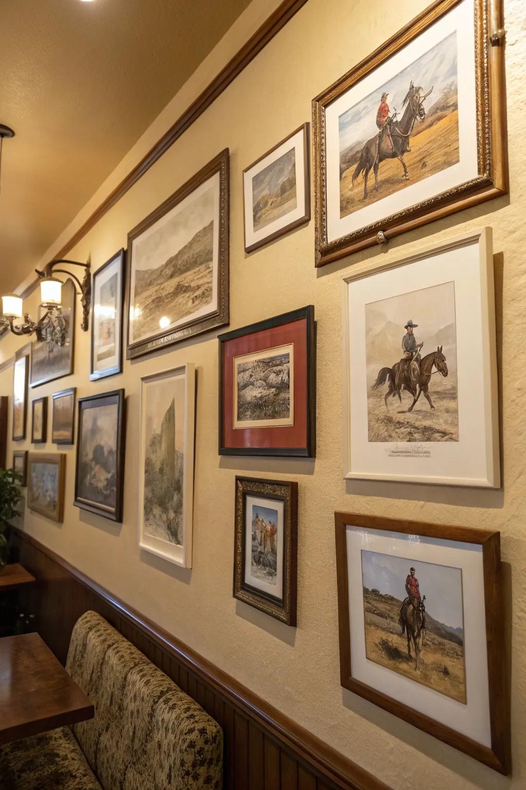 Collection of bygone era prints showcased in frames.