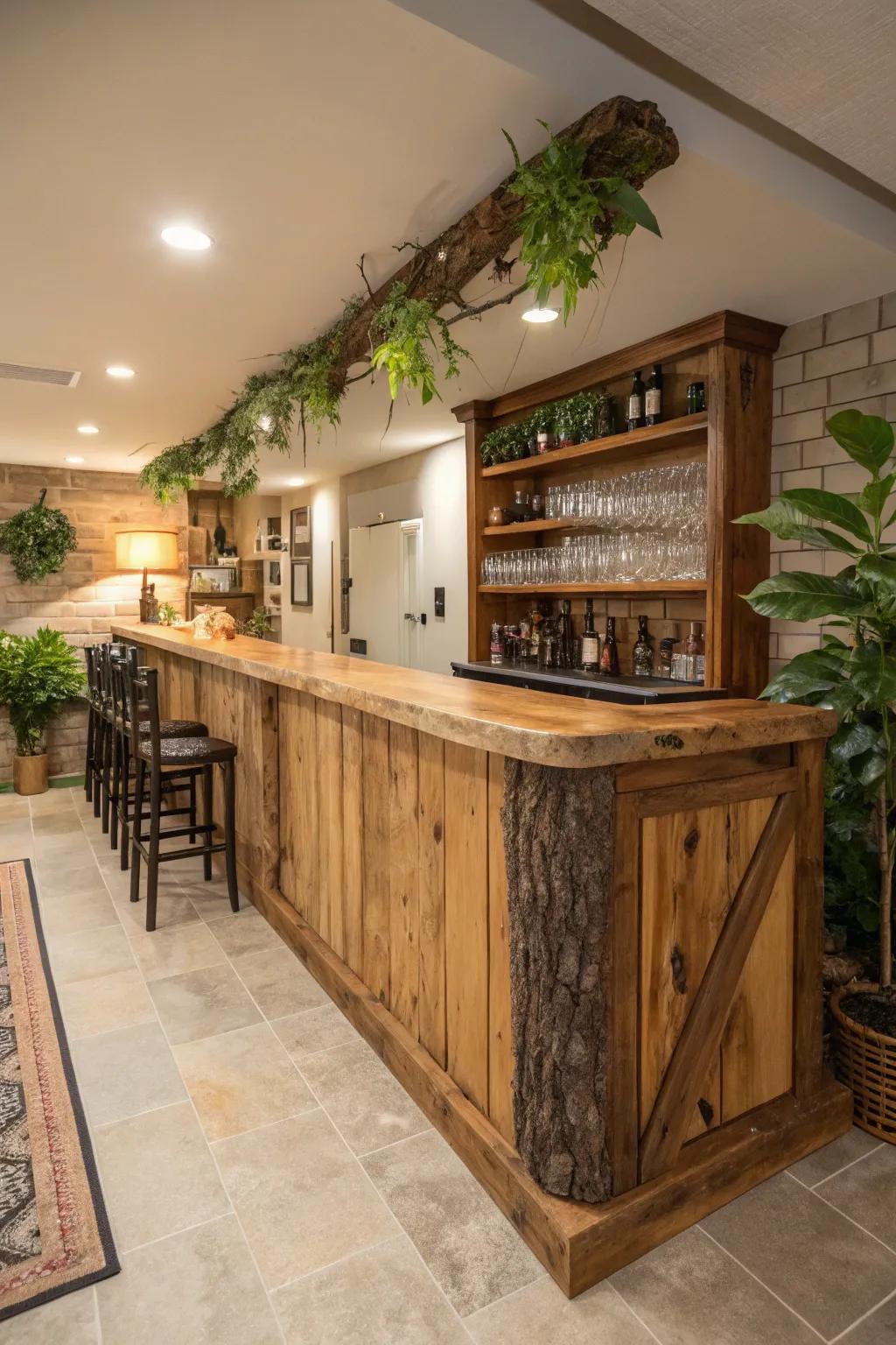 A live edge bar counter acts as a natural and striking centerpiece.