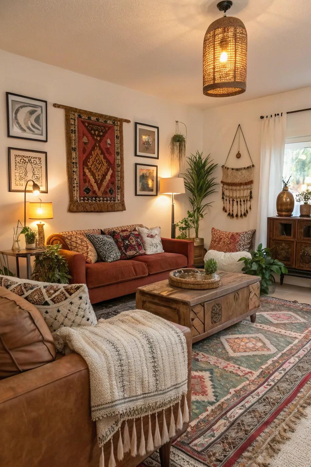Eclectic boho living area featuring mixed styles.