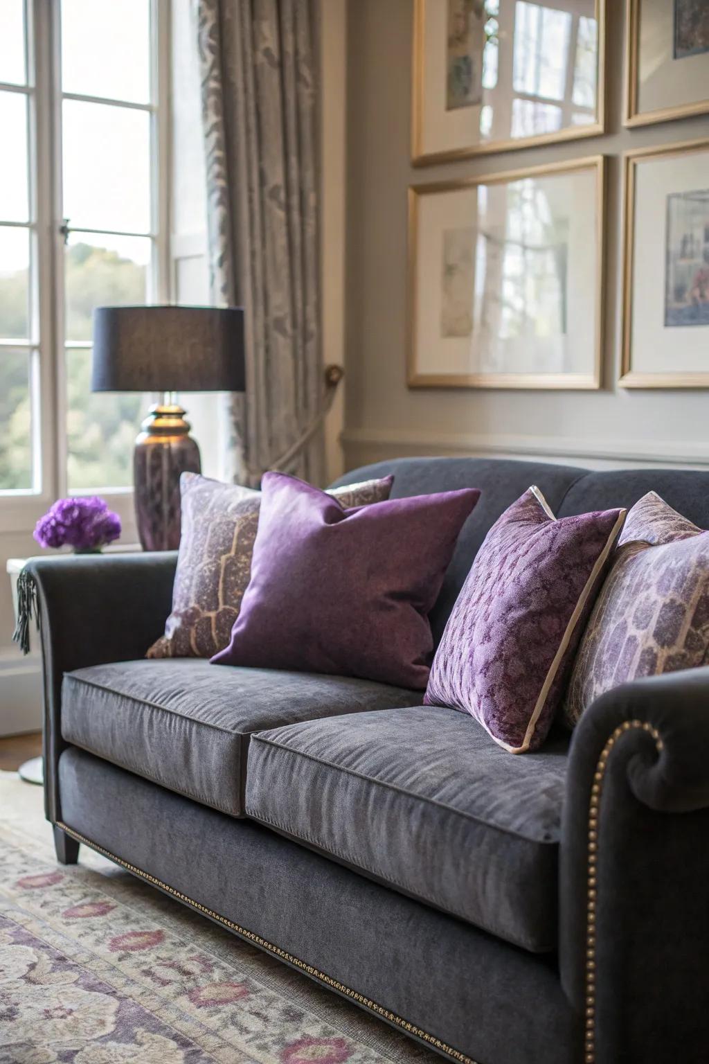 Purple hues lend a sophisticated and regal touch to a dark grey couch.