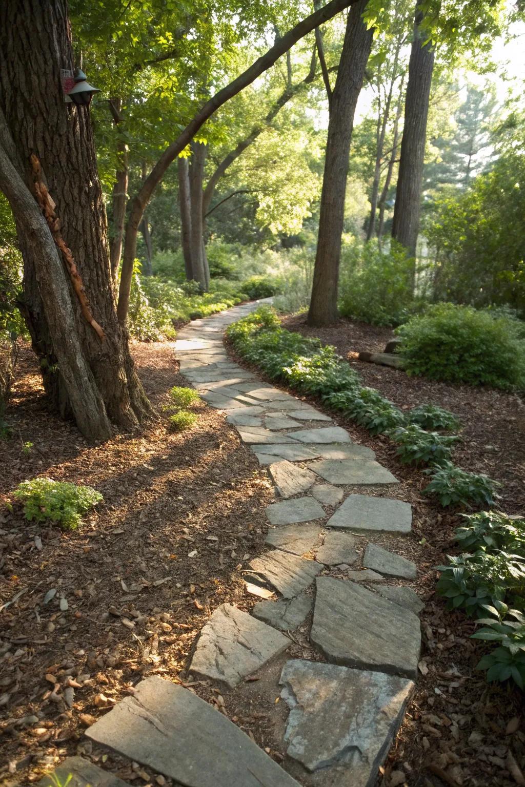 Bark fragments furnish a simplistic texture amid flagstones.