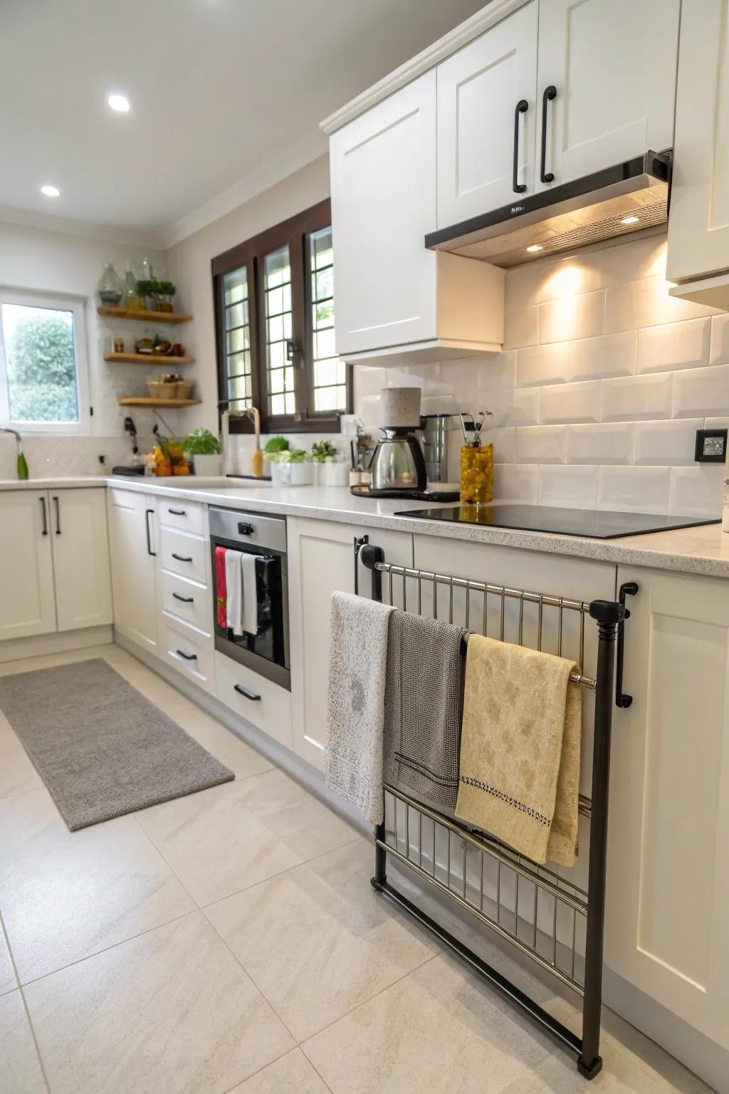 Affix folding racks beneath the counter for hidden and easy towel keeping.