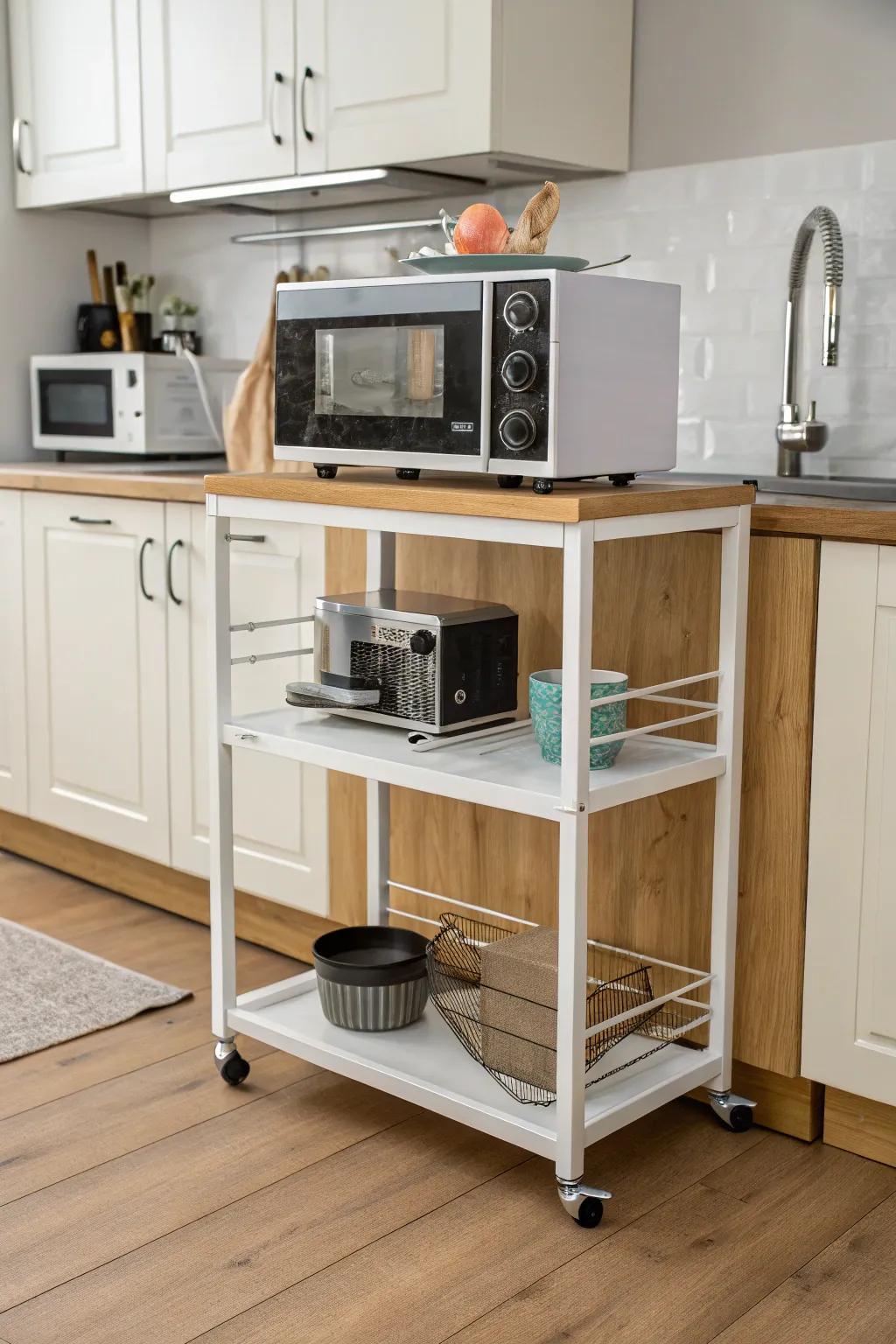 A stylish cart gives portability and additional storage for your microwave.