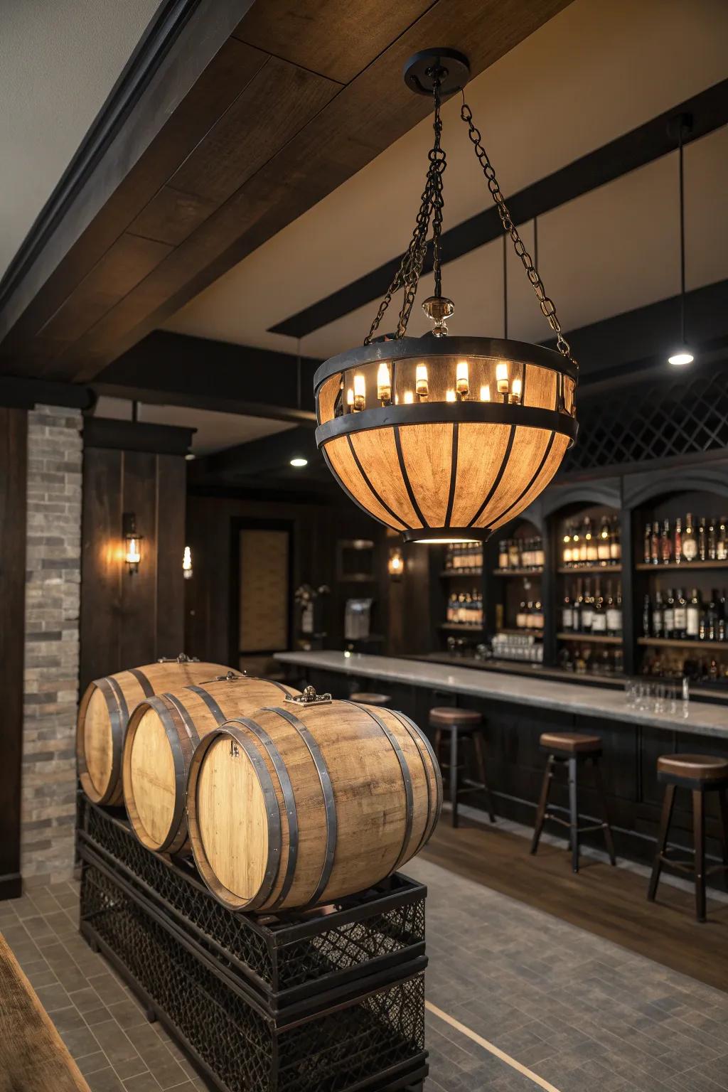 Light up your bar with unique barrel piece lighting for a cozy, welcoming feeling.