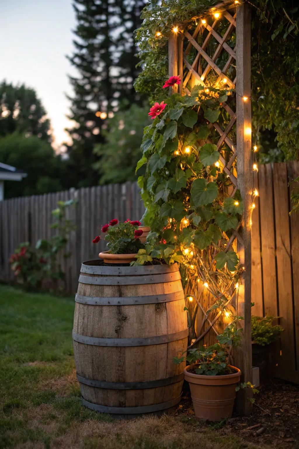 A trellis tower with shimmer lights fashioning an illuminated garden feature.