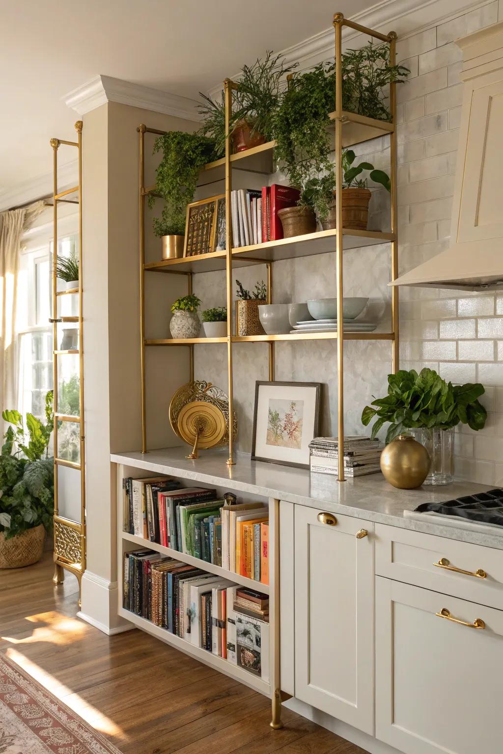 Shelves trimmed with gold provide a unique and elegant display.