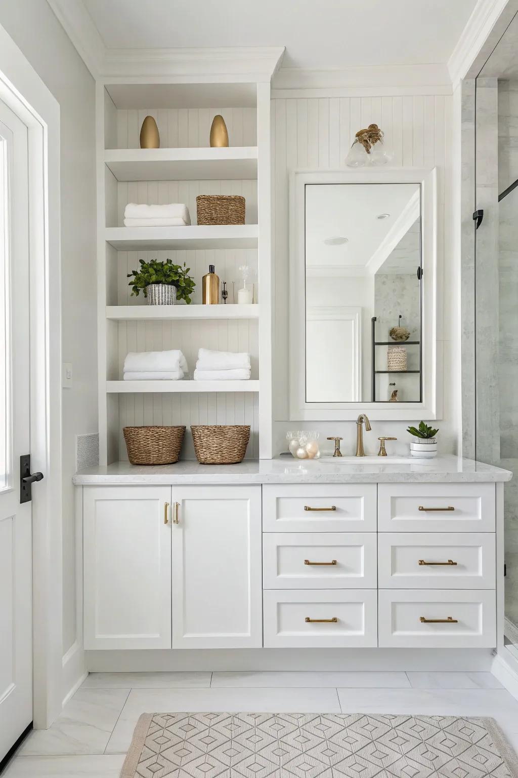 Minimalist storage keeps the white bathroom neat and organized.