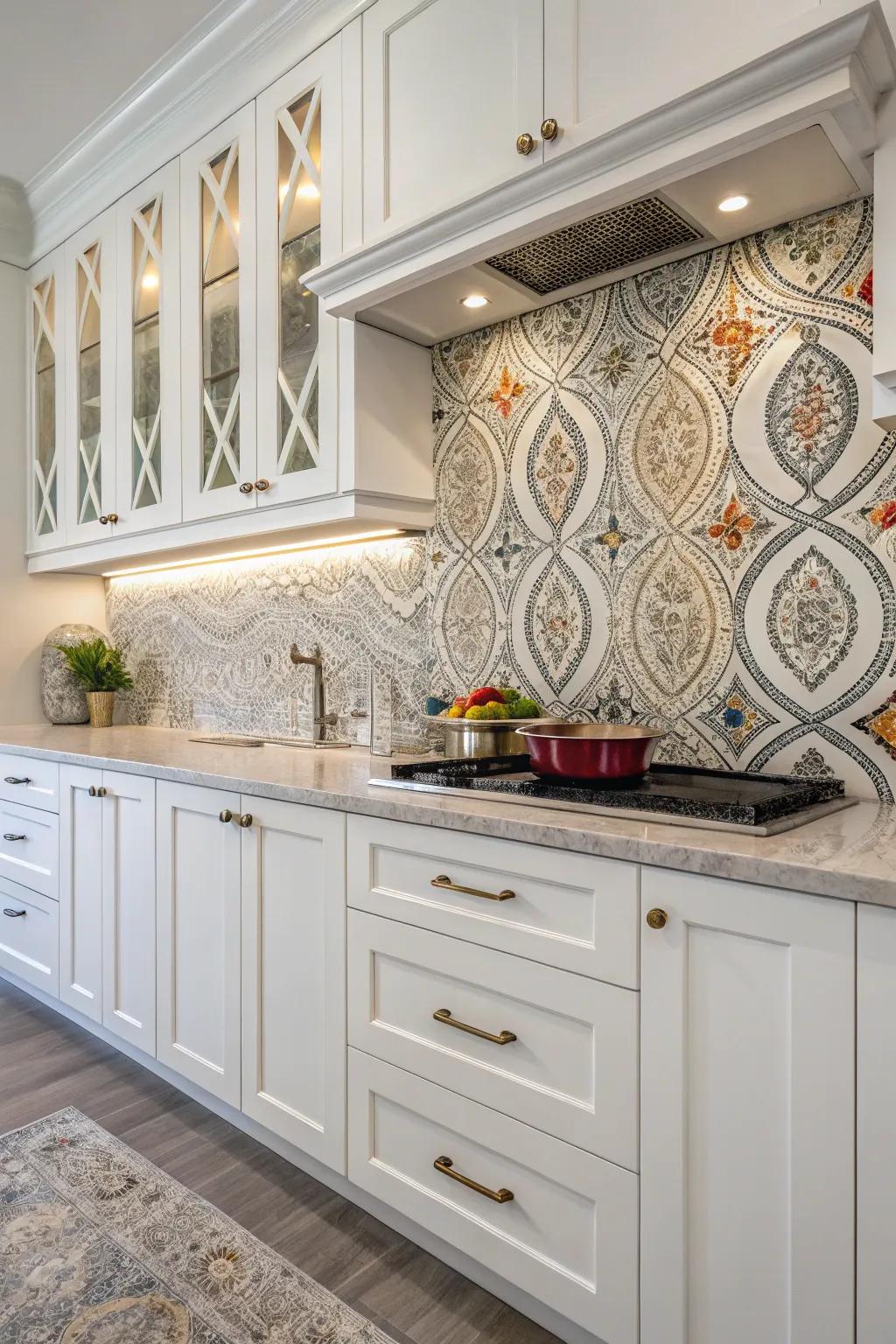 Decorative tiles providing an artistic element to white cabinets.