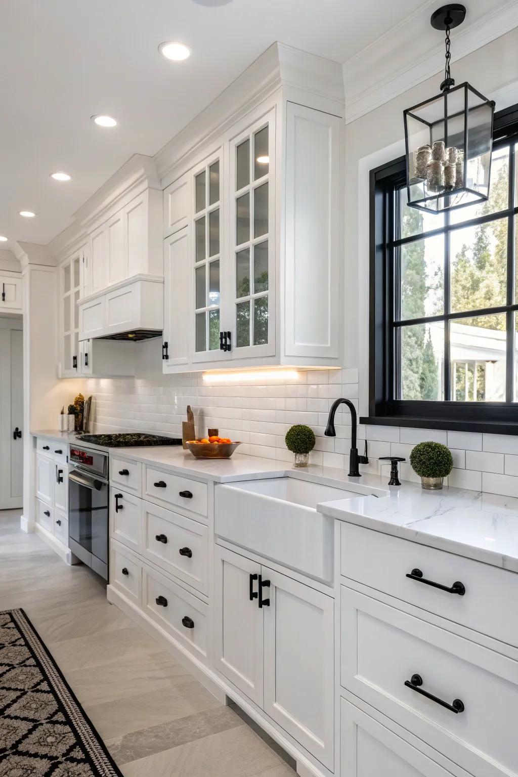 Black accents offer a stunning contrast in this classic white kitchen.