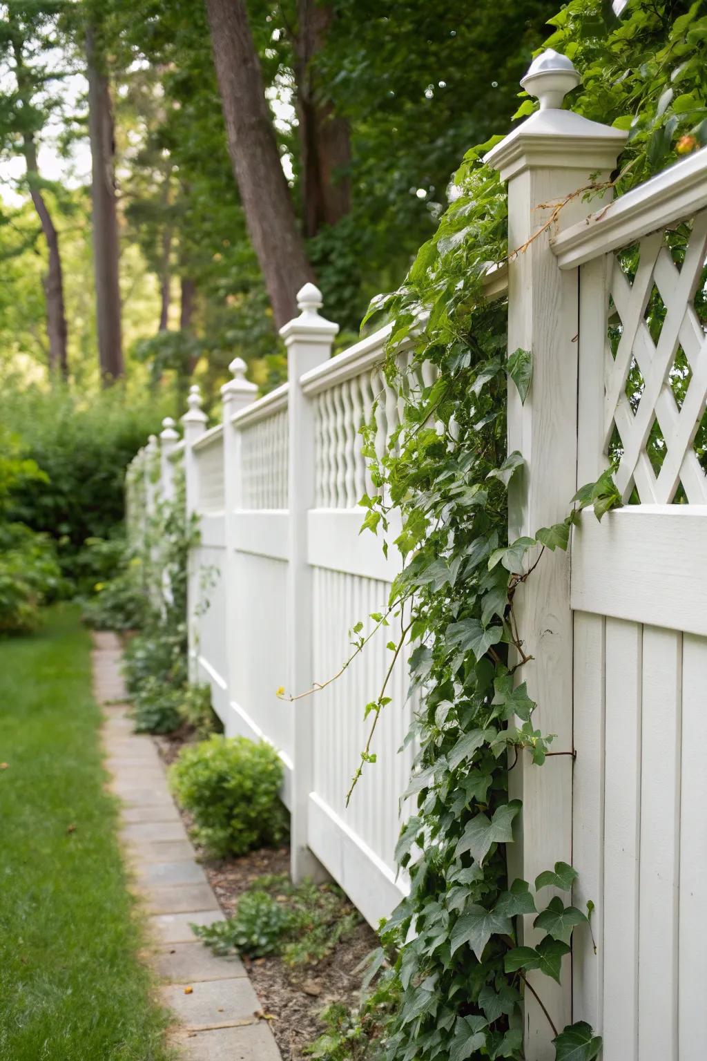 Trellis sections allow a white fence to become a wonderful green garden.