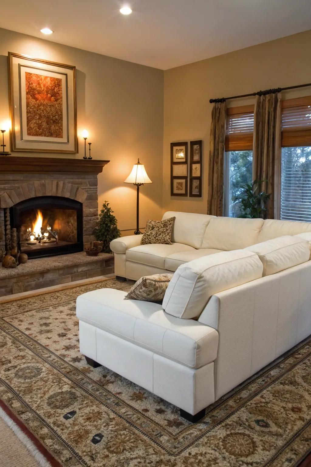 A cozy fire feature enhances the warmth of a living space featuring a white modular sofa.