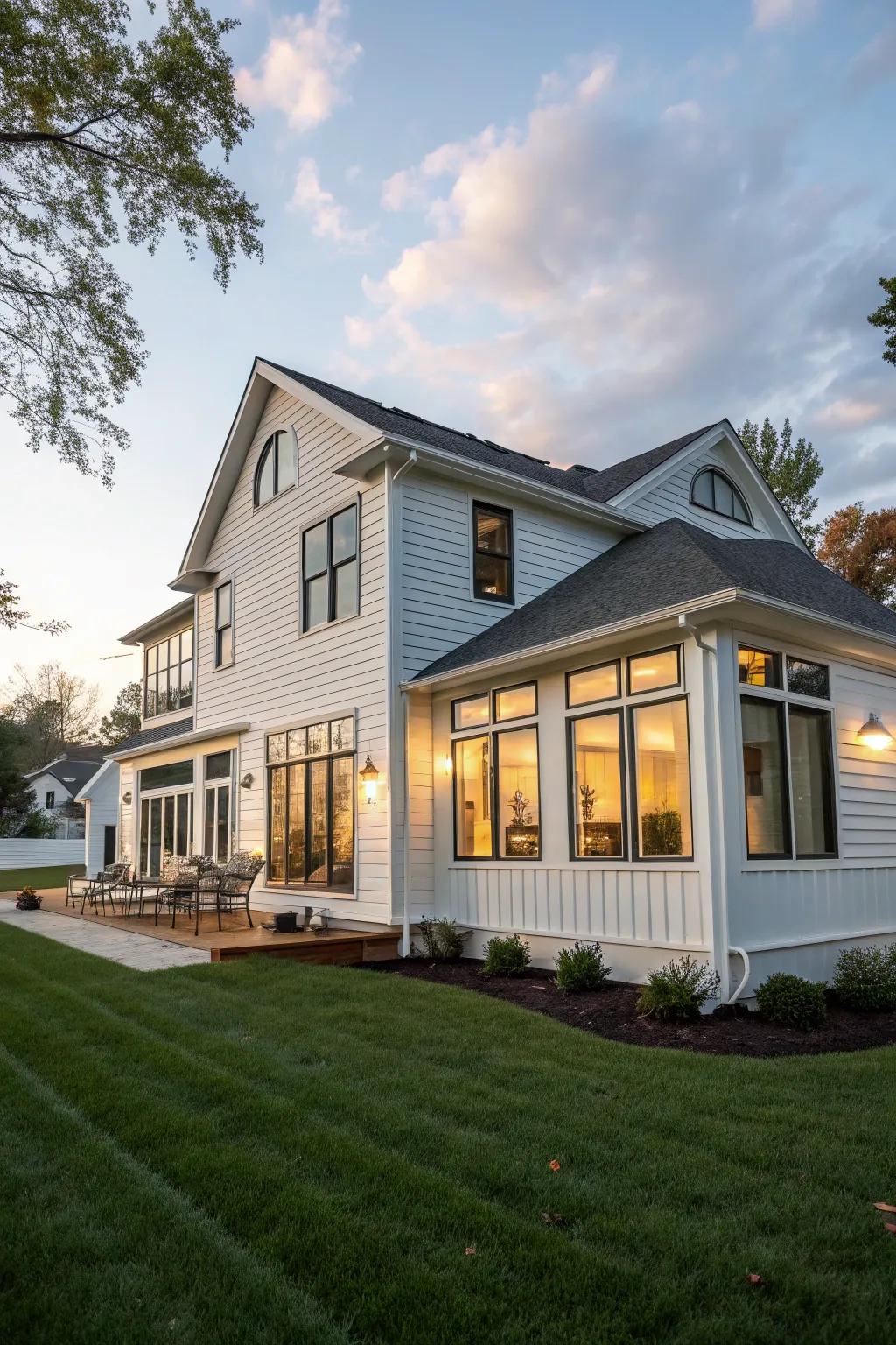 A house with expansive windows and white vinyl siding for a light-filled and airy feel.
