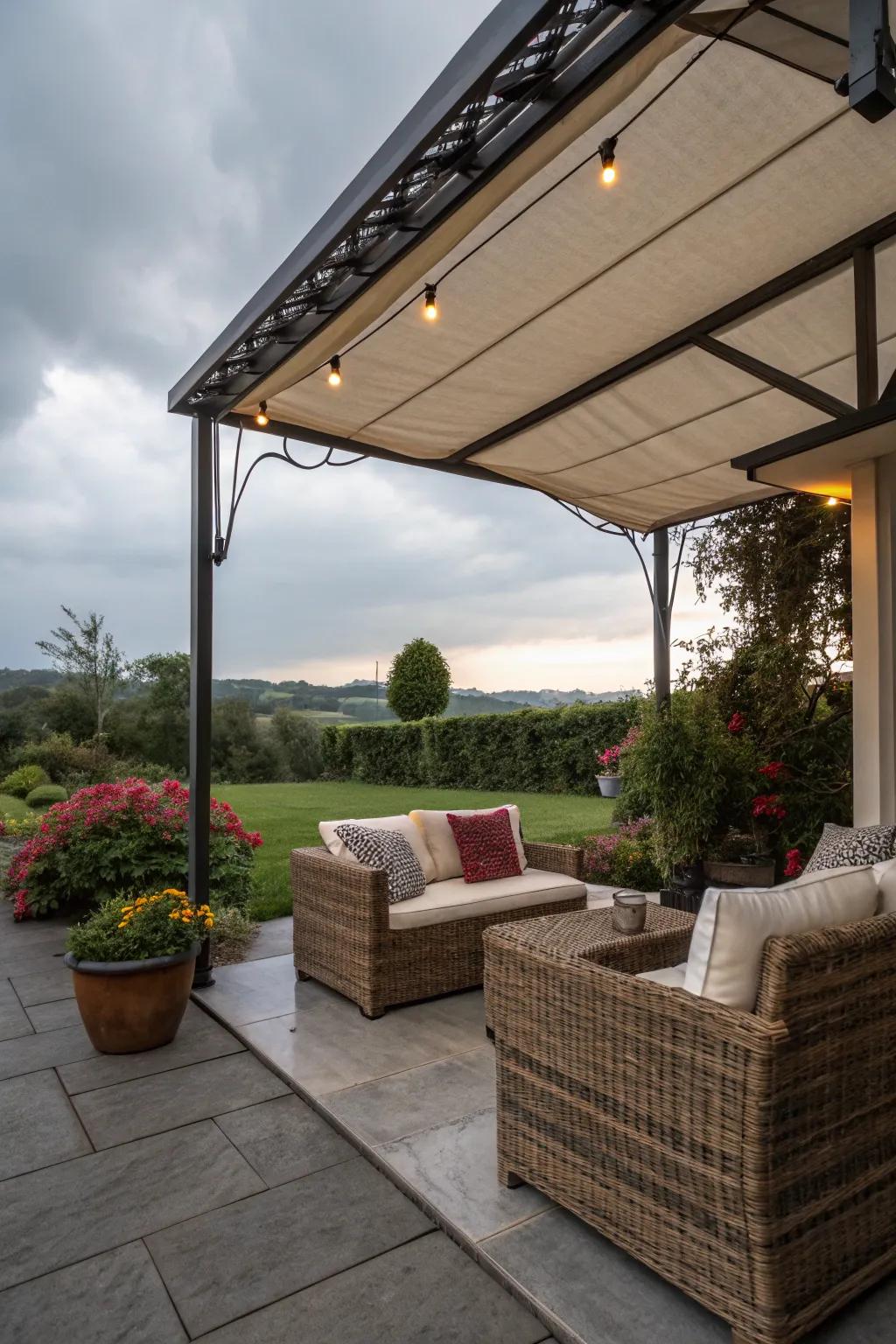 Versatile patio design with sheltered and open spaces.
