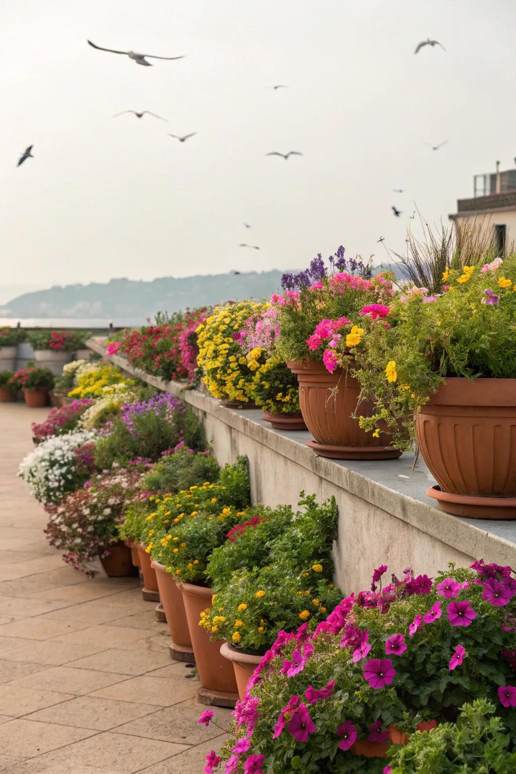 An energetic wildflower container garden, impeccably fitted for intimate spaces.