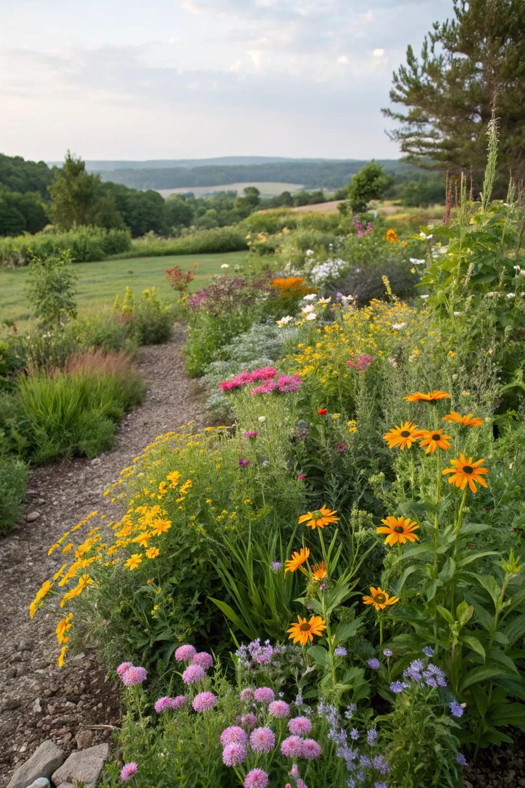Wildflowers working as bright organic ground cover in a garden.