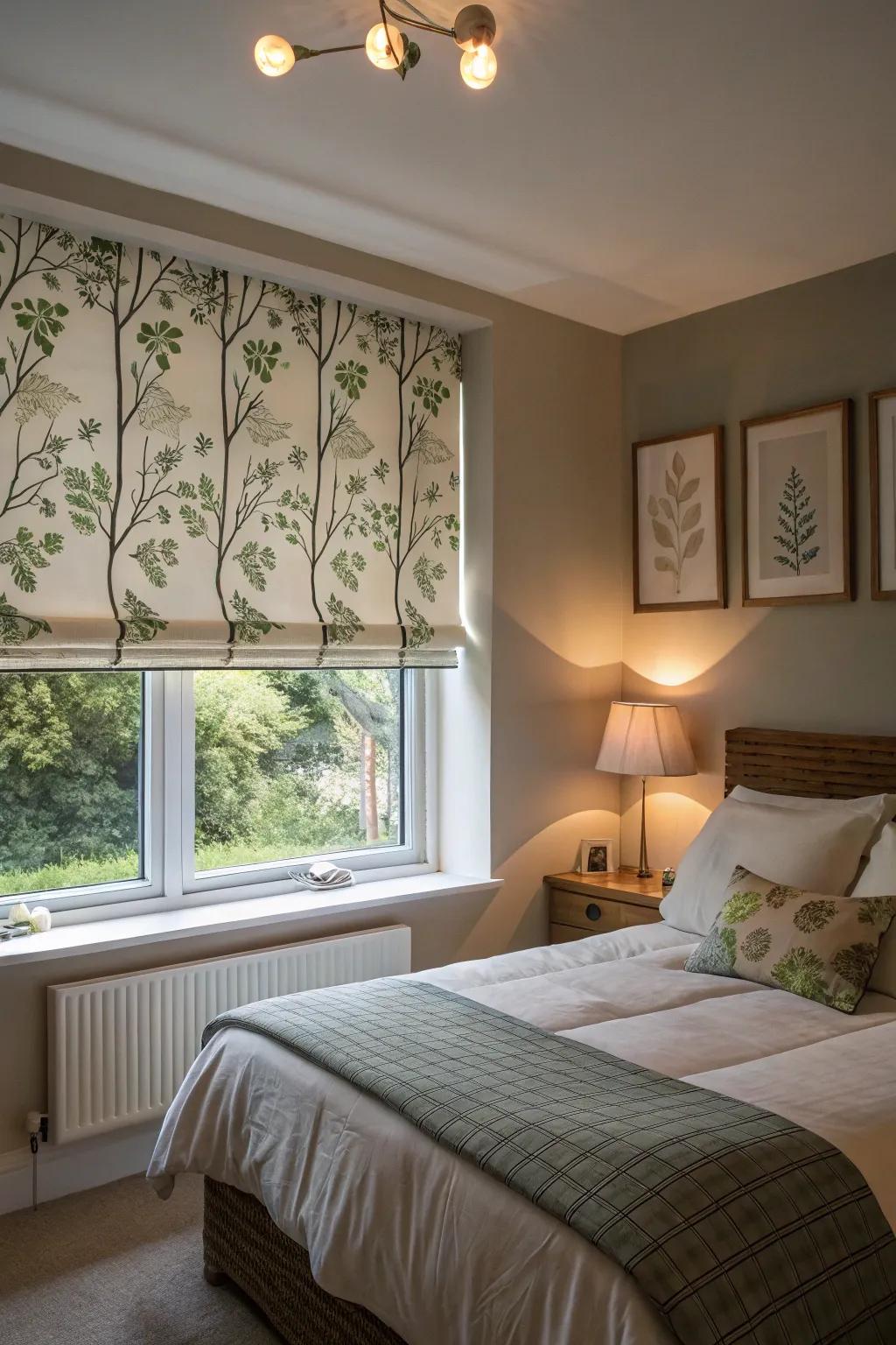 Nature-inspired blinds creating a serene bedroom atmosphere.