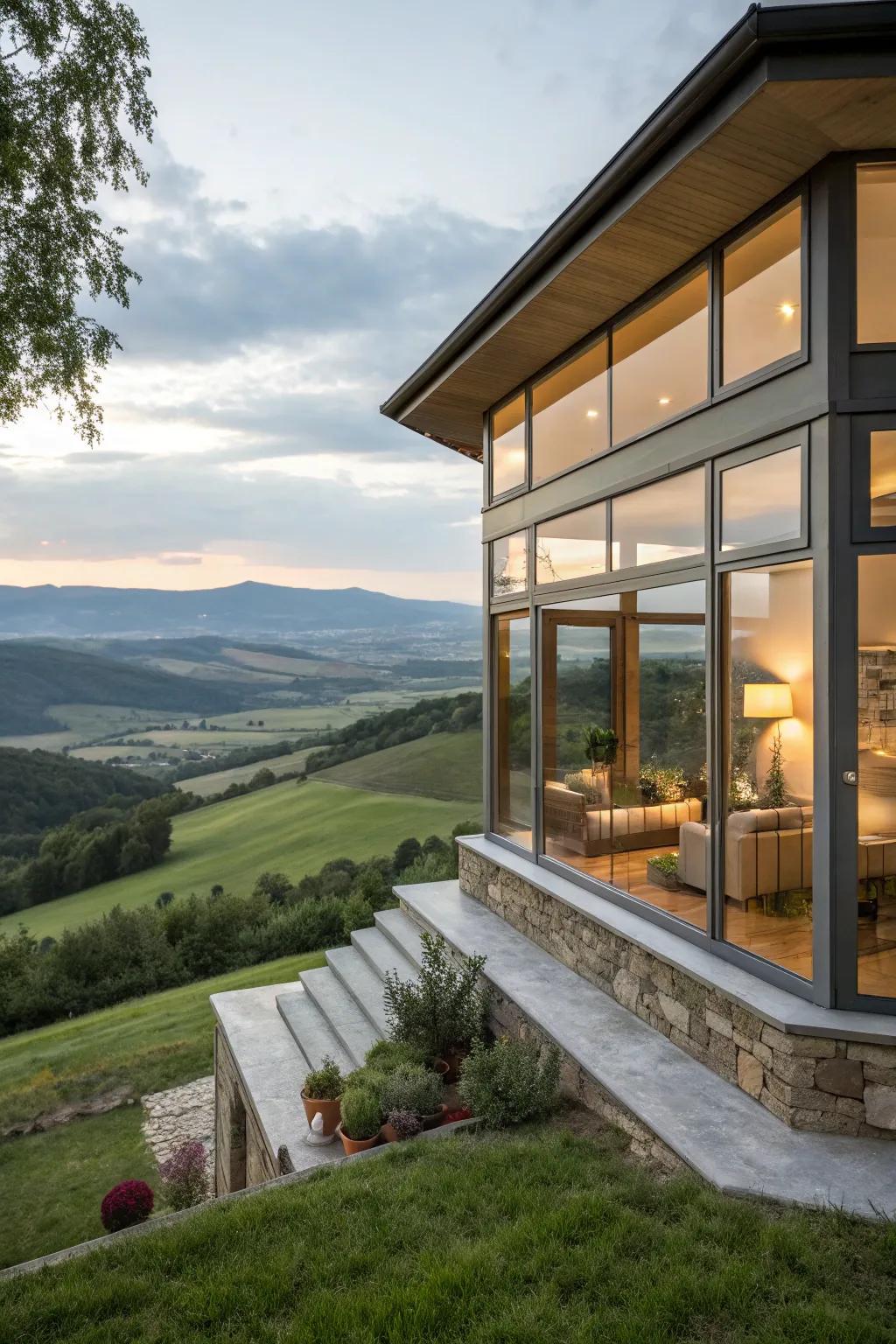 Angle panes present breathtaking extensive vistas.