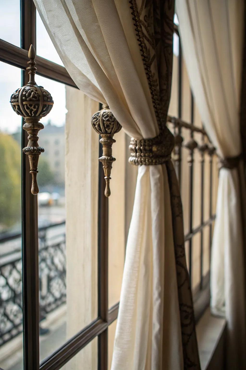 Elaborate mountings add an ornamental touch to these window treatments.