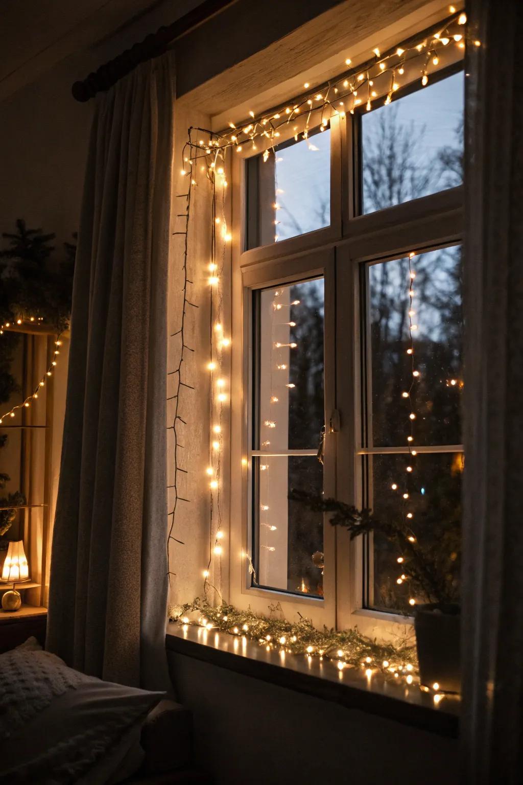 Light strings add a captivating element to window frames.