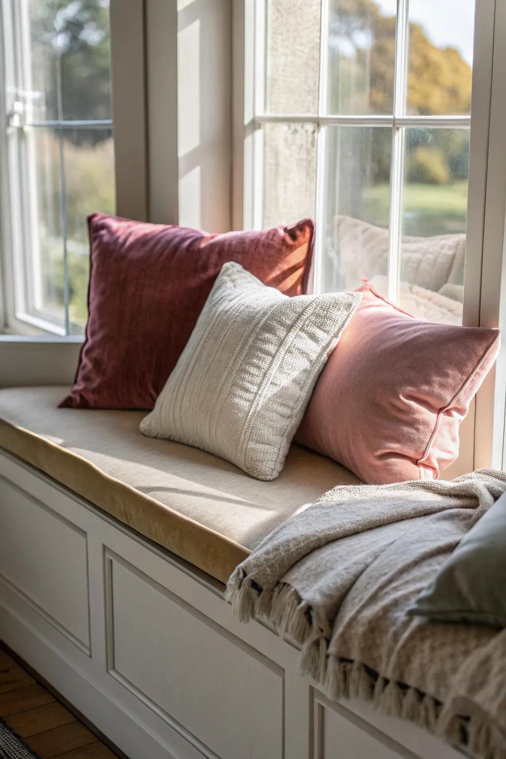 A window seat that showcases a combination of fabric textures for enhanced comfort and visual appeal.
