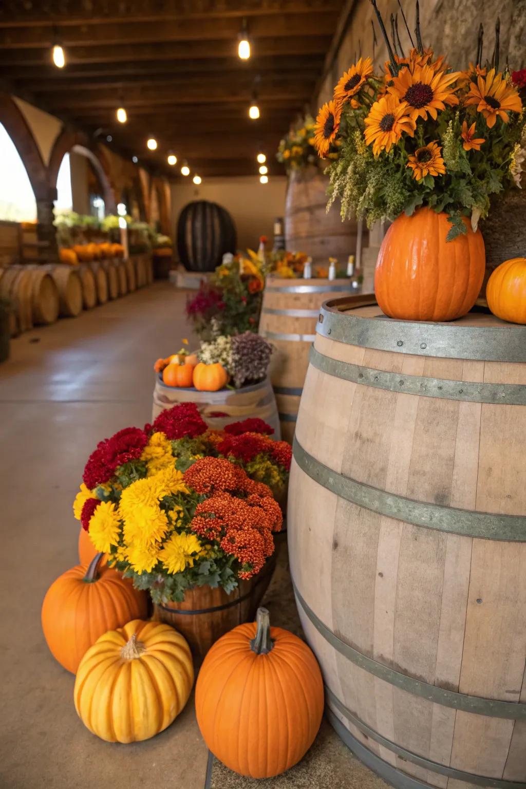 A wine barrel decorated for the autumn season.