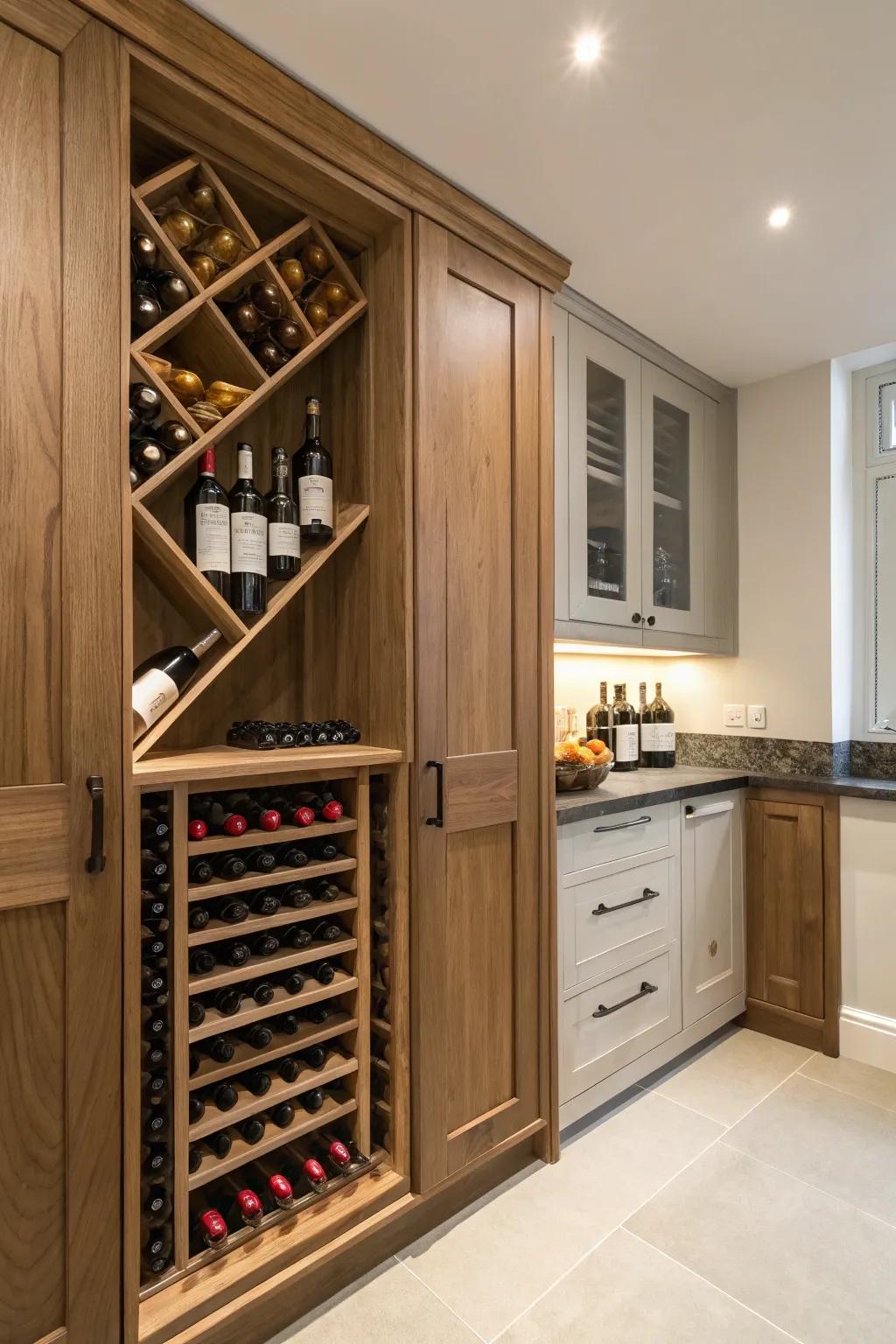 A concealed pantry delightfully evolved into wine storage.