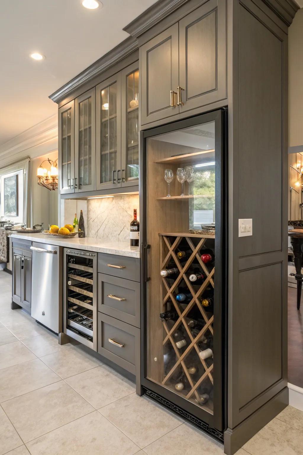 Customized cabinetry blends wine storage with overall kitchen aesthetics.