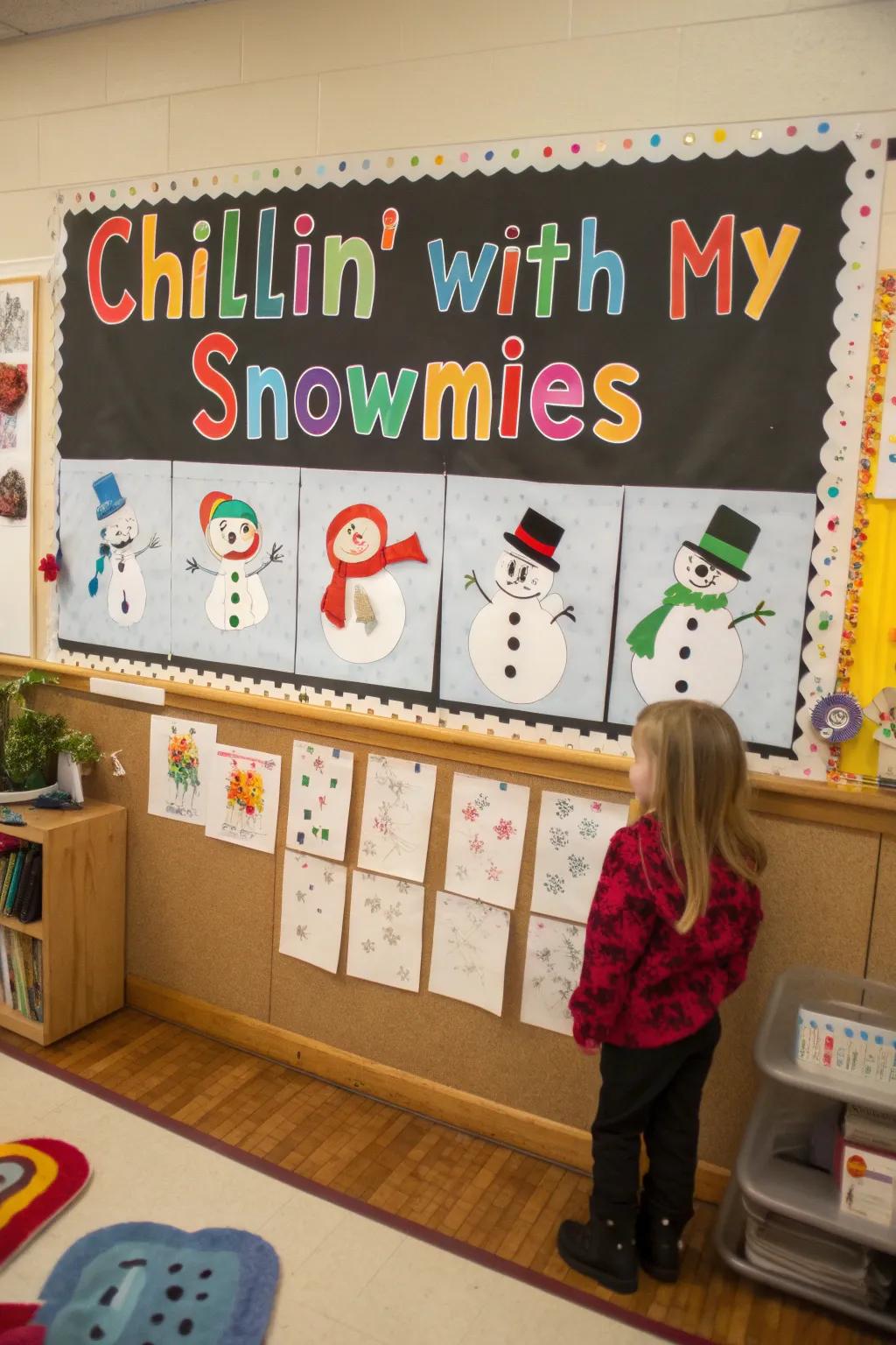 Snow figures and student art compose a playful 'snow peeps' scene.