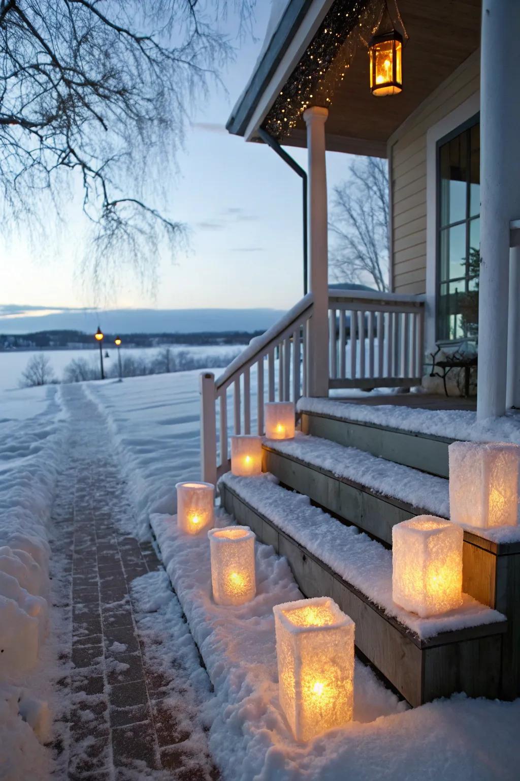 Enchanting ice globes illuminate this winter porch.