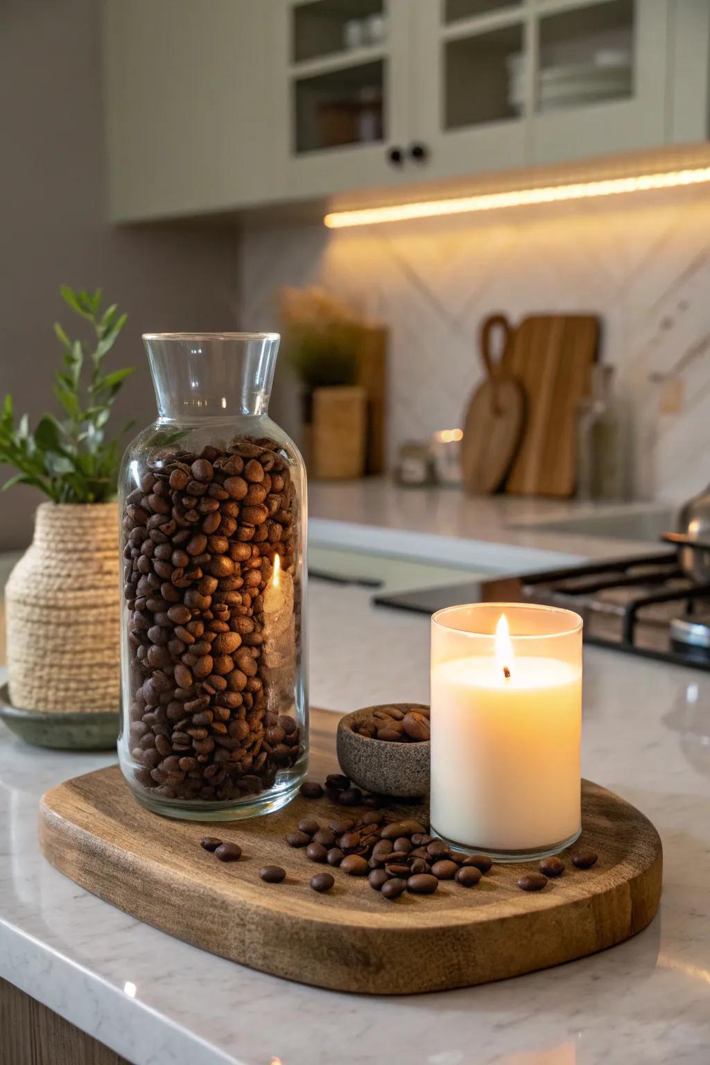 Coffee grains and candlelight fashion a comforting and welcoming atmosphere.