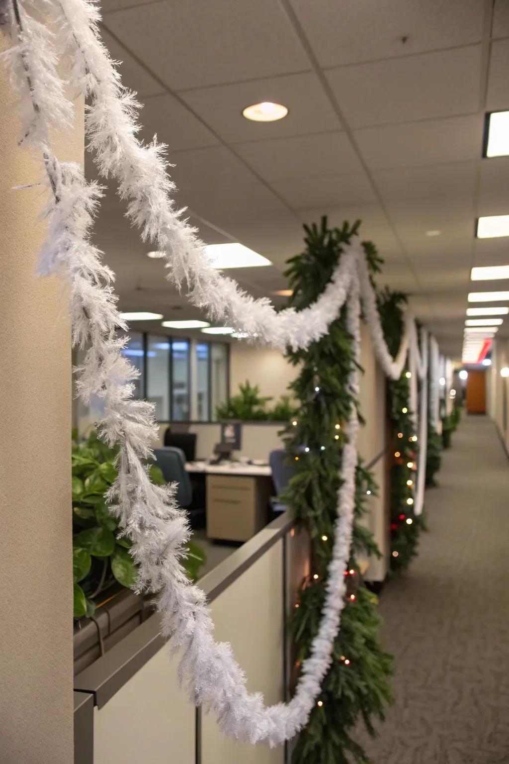 A DIY simulated ice crystal festoon appends a creative snowy feature to your office.