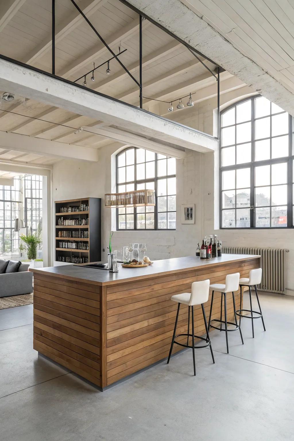 A wall-mounted wood bar providing a current, airy feeling.