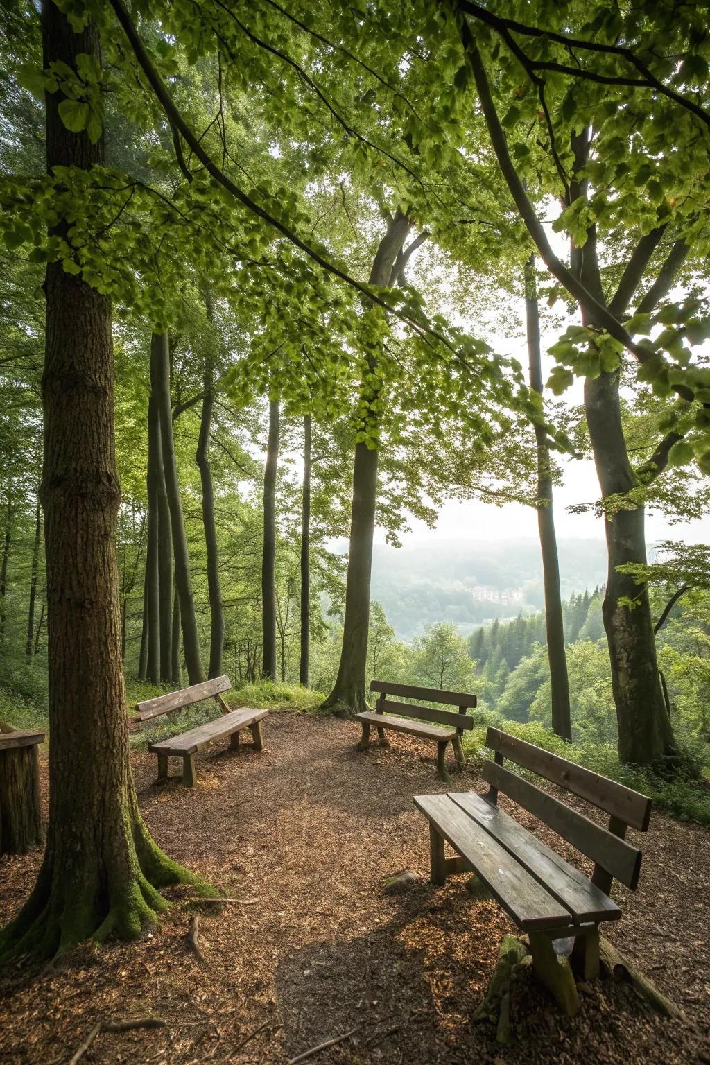 Wood chips pave the setting for a tranquil lakeside seating area.