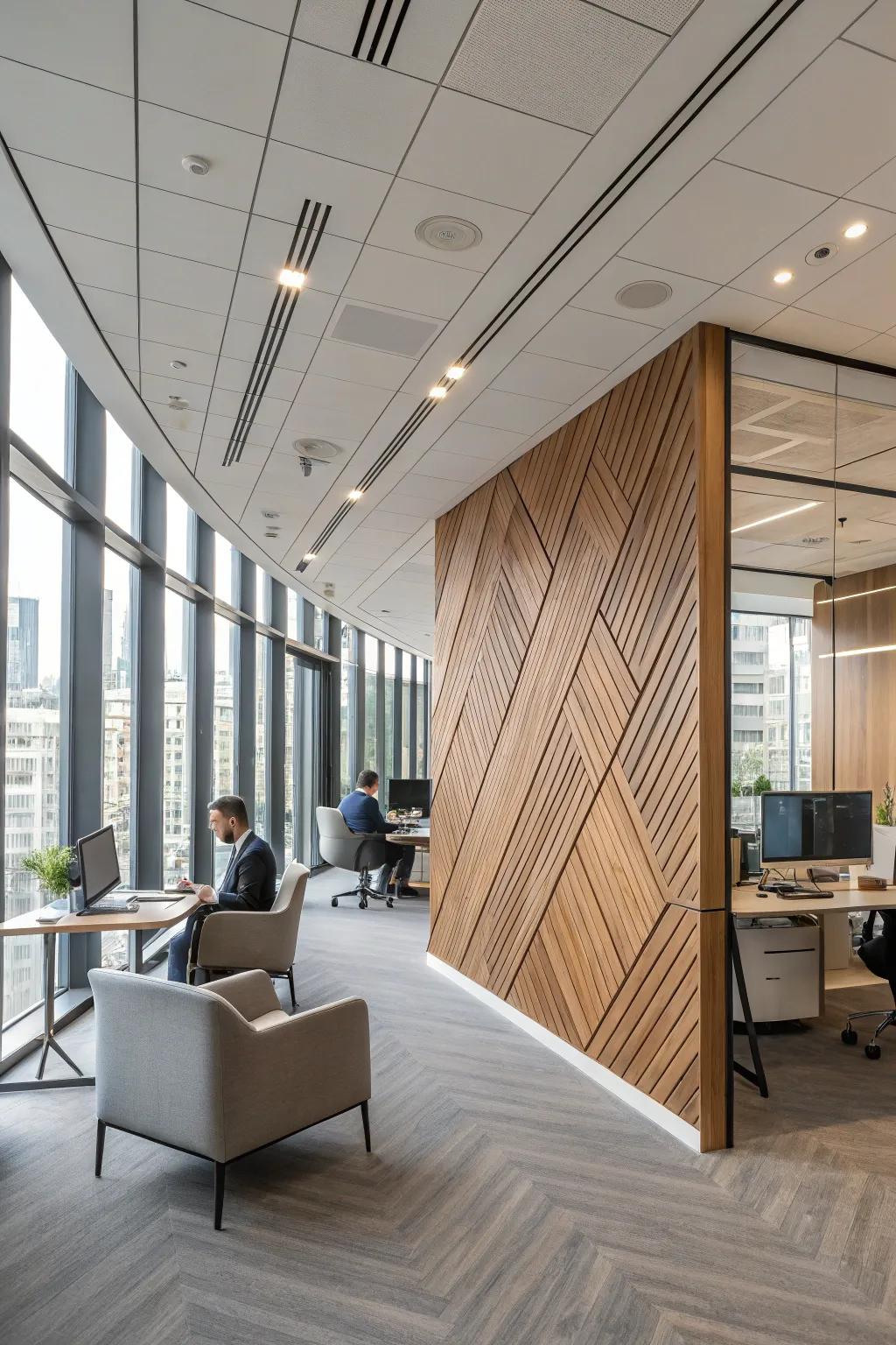 Angular lumber panels create an unexpected visual impact.